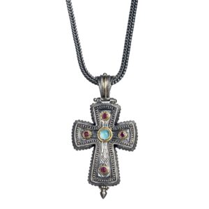 Byzantine cross in 18K Gold and Sterling silver with Gemstones - Image 3
