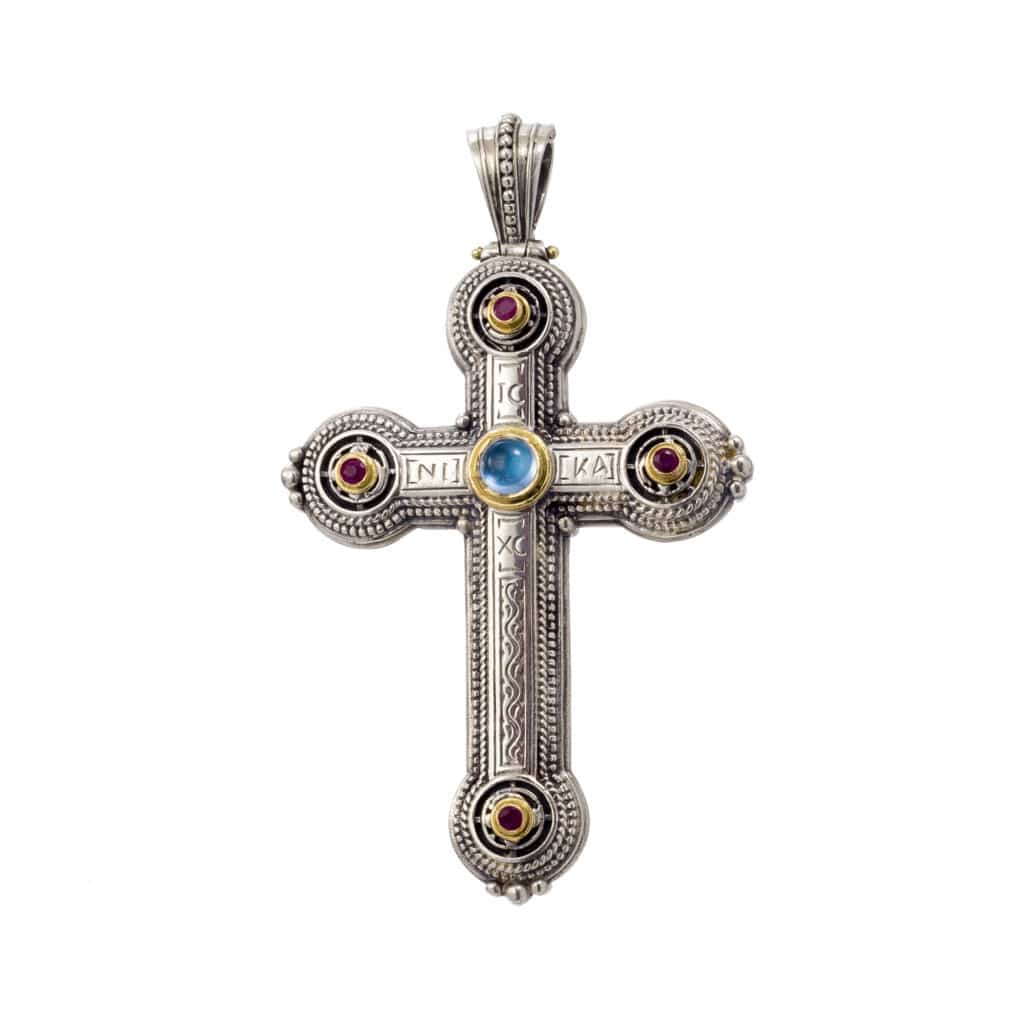 Byzantine cross in 18K Gold and Sterling Silver with Gemstones