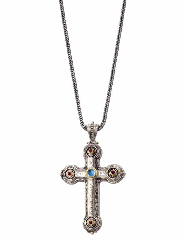 Byzantine cross in 18K Gold and Sterling Silver with Gemstones - Image 3