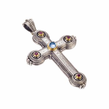 Byzantine cross in 18K Gold and Sterling Silver with Gemstones