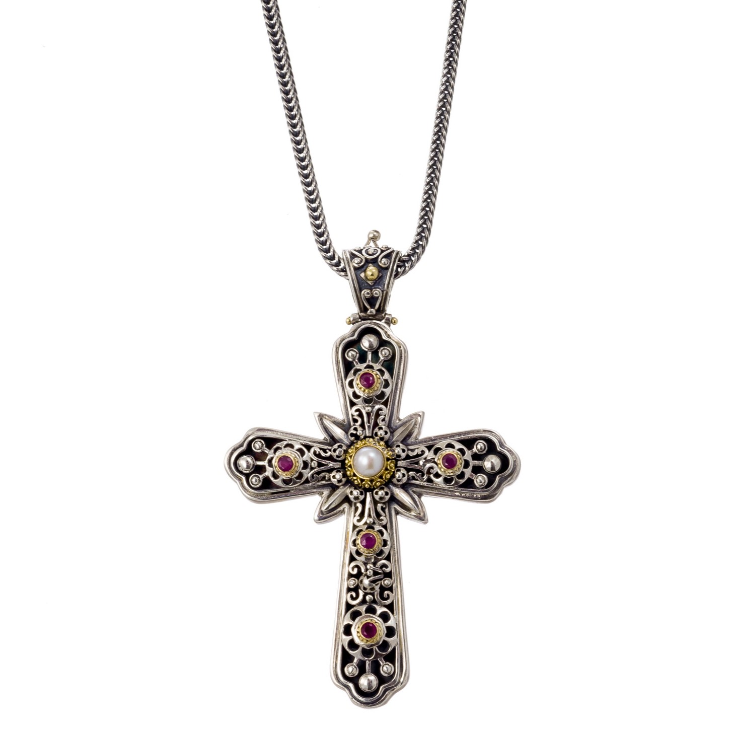Byzantine cross in 18K Gold and Sterling silver with Gemstones