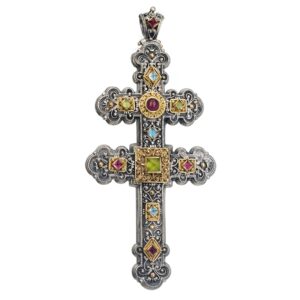 Byzantine double cross in 18K Gold, sterling silver and semi precious stones