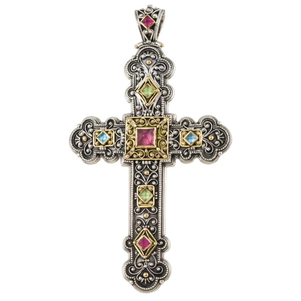 Byzantine cross in 18K Gold, sterling silver and semi precious stones