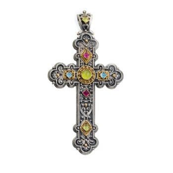 Byzantine cross in 18K Gold, sterling silver and semi precious stones