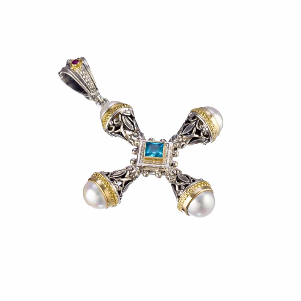 Santorini cross in 18K Gold and sterling silver with Gemstones