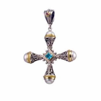 Santorini cross in 18K Gold and sterling silver with Blue Topaz