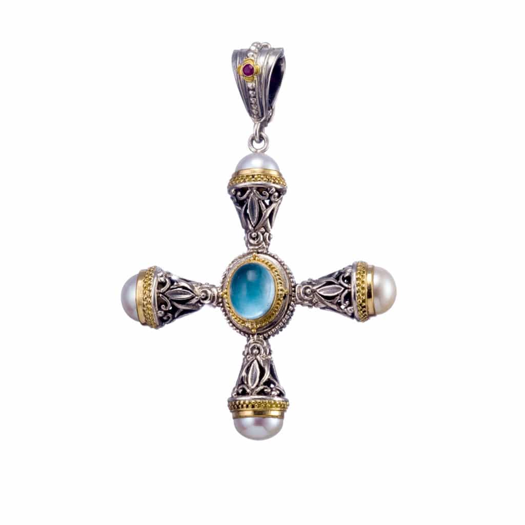 Santorini cross in 18K Gold and sterling silver with aquamarine