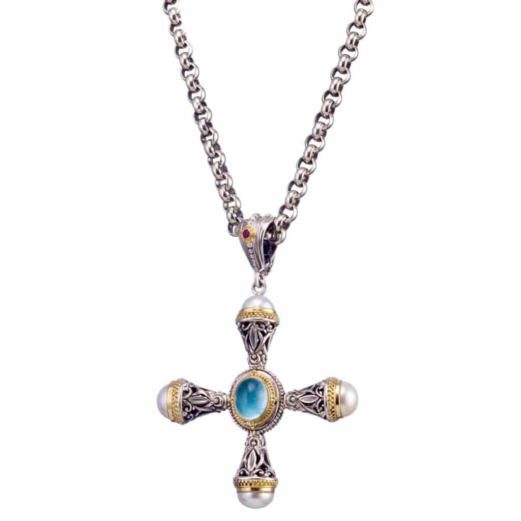 Santorini cross in 18K Gold and sterling silver with aquamarine - Image 3