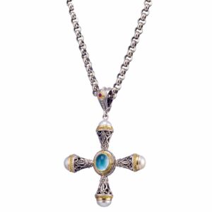 Santorini cross in 18K Gold and sterling silver with aquamarine - Image 3