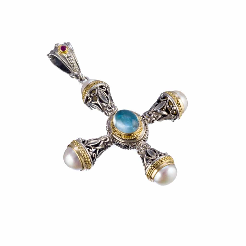 Santorini cross in 18K Gold and sterling silver with aquamarine