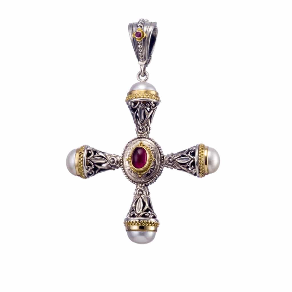 Santorini cross in 18K Gold and sterling silver with Gemstones