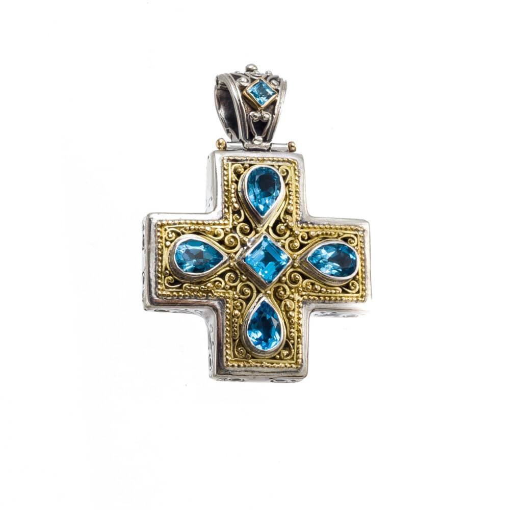 Byzantine cross in 18K Solid Gold, Sterling silver and semi precious stones
