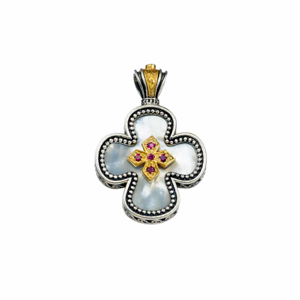 Cross in sterling silver with Gold plated parts mother of pearl and cubic zirconia