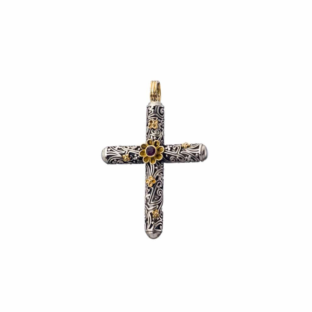 Eden's Garden Cross in Sterling silver with 18K Gold and Ruby
