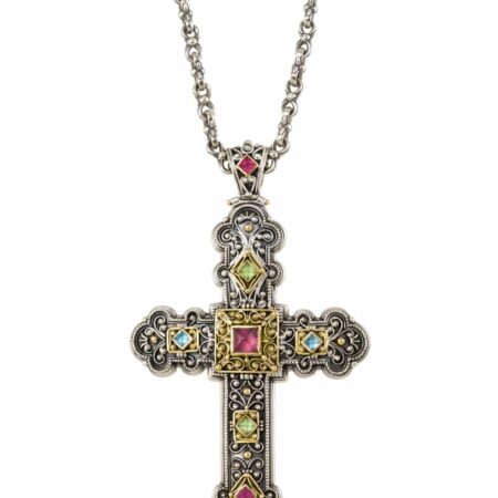 Byzantine cross in 18K Gold, sterling silver and semi precious stones - Image 2