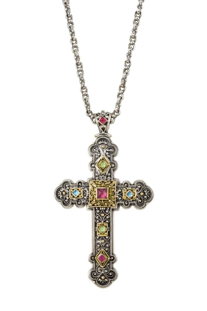Byzantine cross in 18K Gold, sterling silver and semi precious stones - Image 2