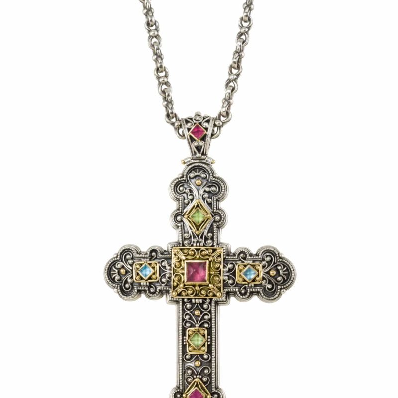 Byzantine cross in 18K Gold, sterling silver and semi precious stones