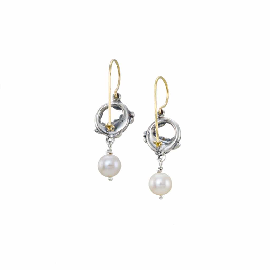 Harmony Earrings in sterling silver with 18K solid Gold flowers and pearls