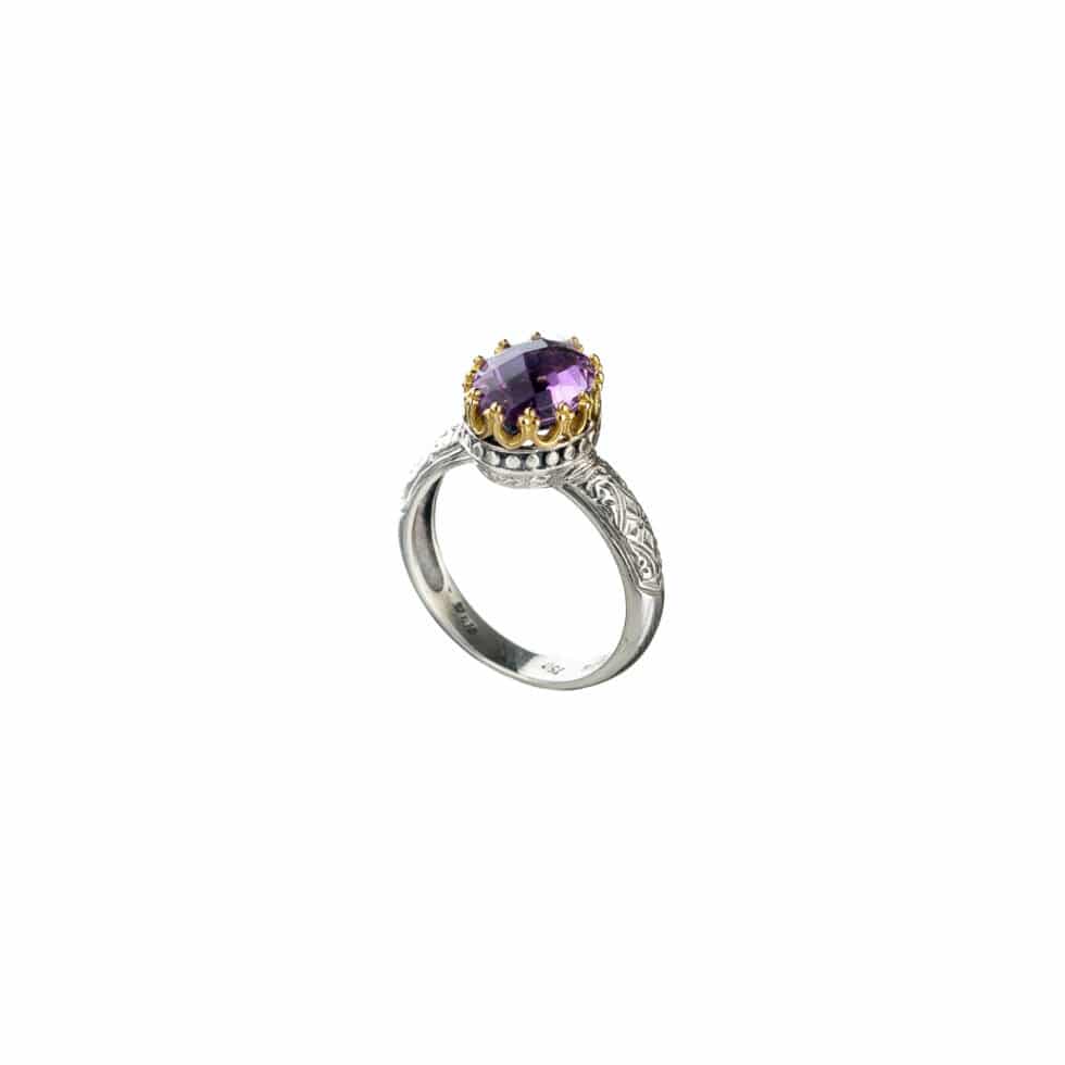 Crown oval Ring in 18K Gold and sterling silver with amethyst