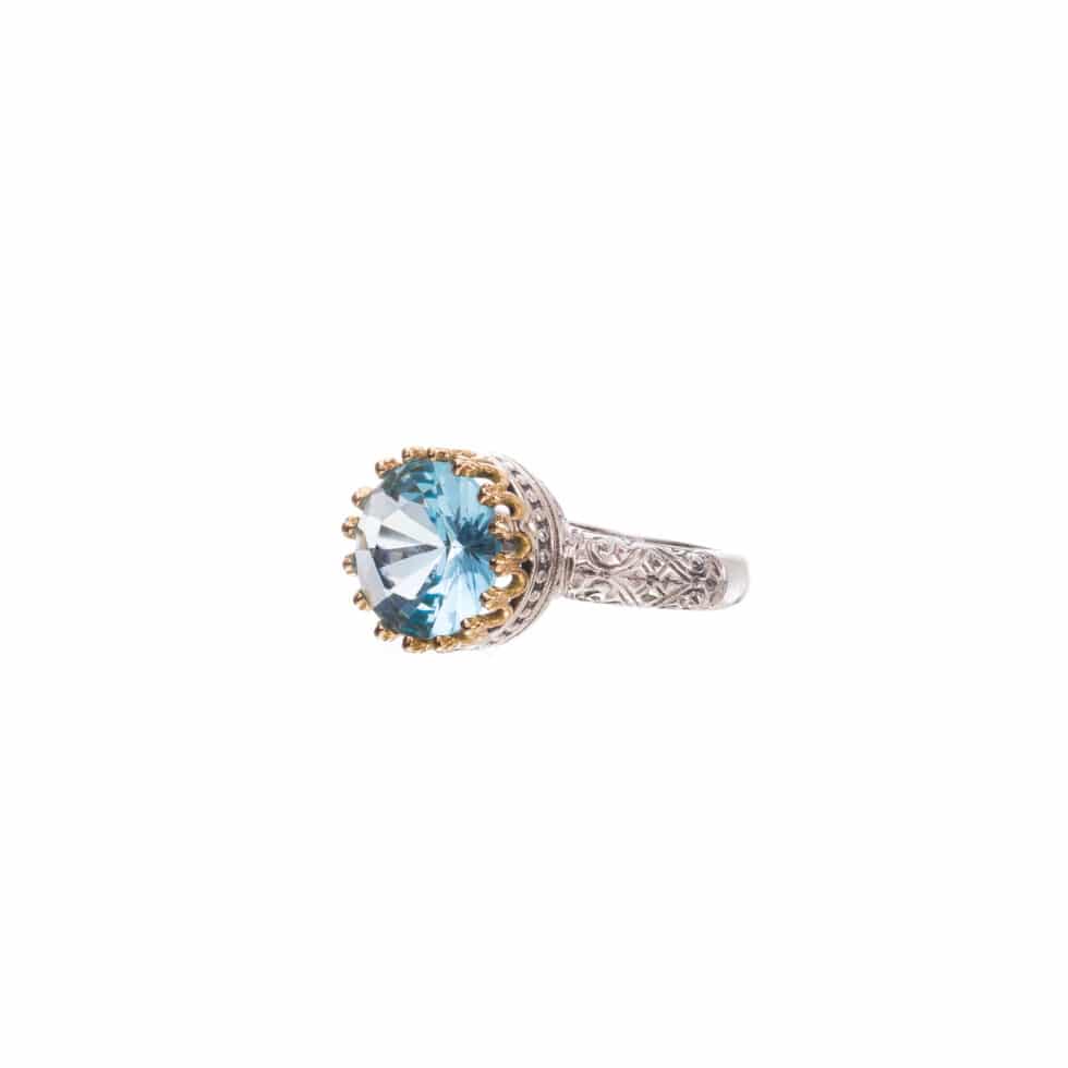 Crown round Ring in 18K Gold and sterling silver with Blue topaz