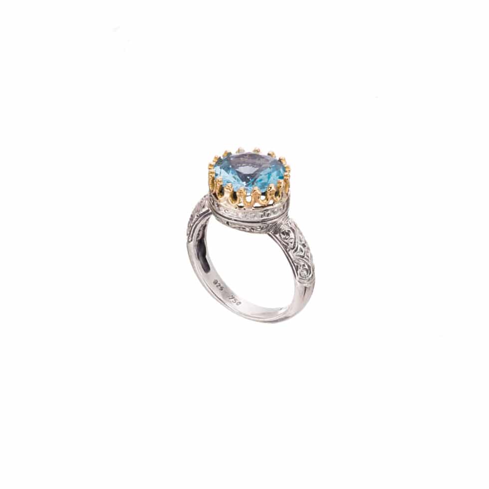 Crown round Ring in 18K Gold and sterling silver with Blue topaz