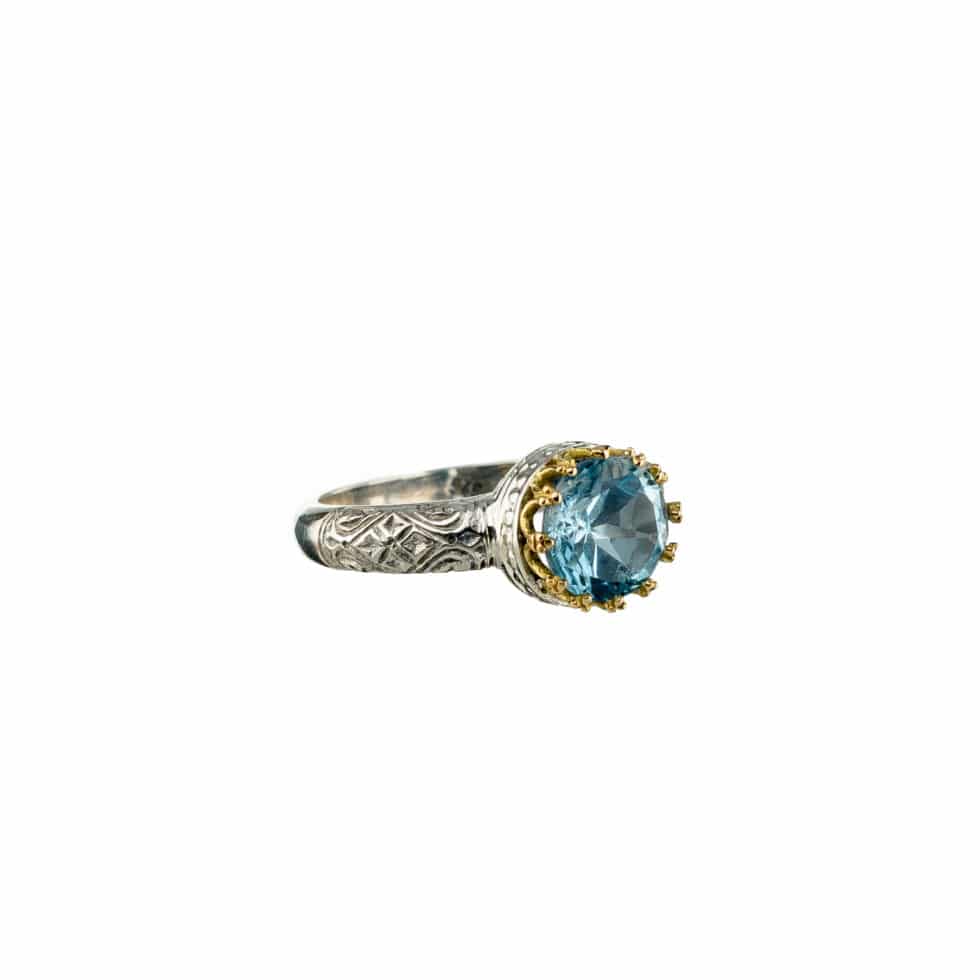 Crown small round Ring in 18K Gold and sterling silver with blue topaz