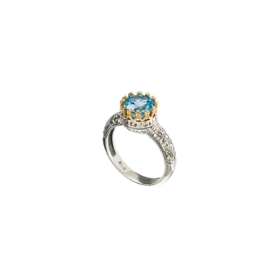 Crown small round Ring in 18K Gold and sterling silver with blue topaz