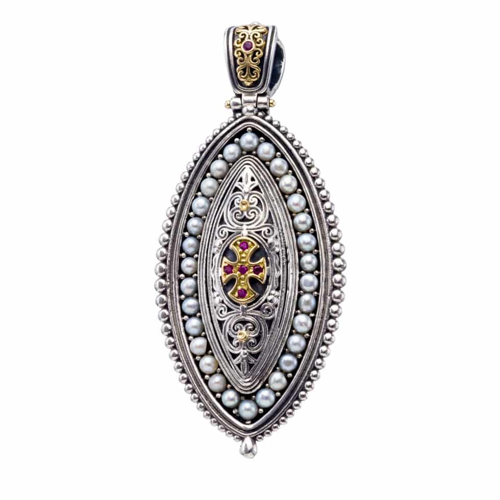 Faidra pendant in 18K Gold, sterling silver, precious stones and pearls