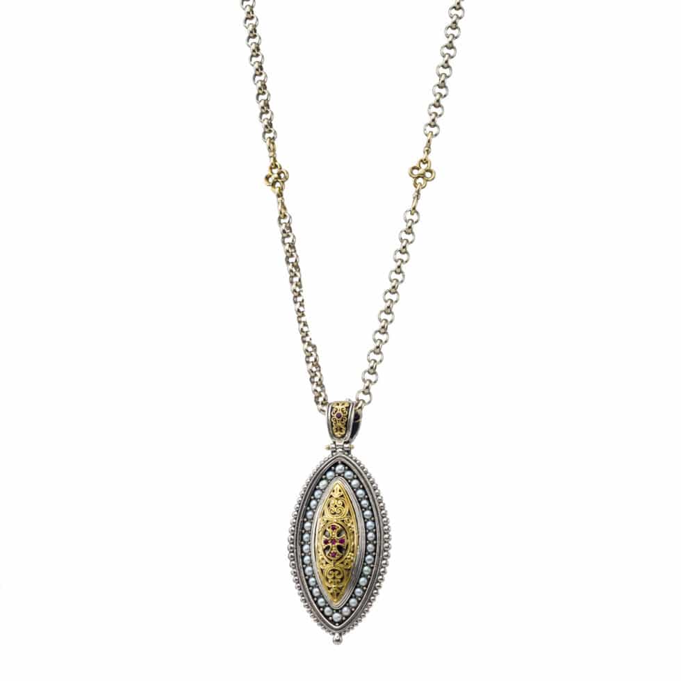 Faidra pendant in 18K Gold, sterling silver rubies and pearls