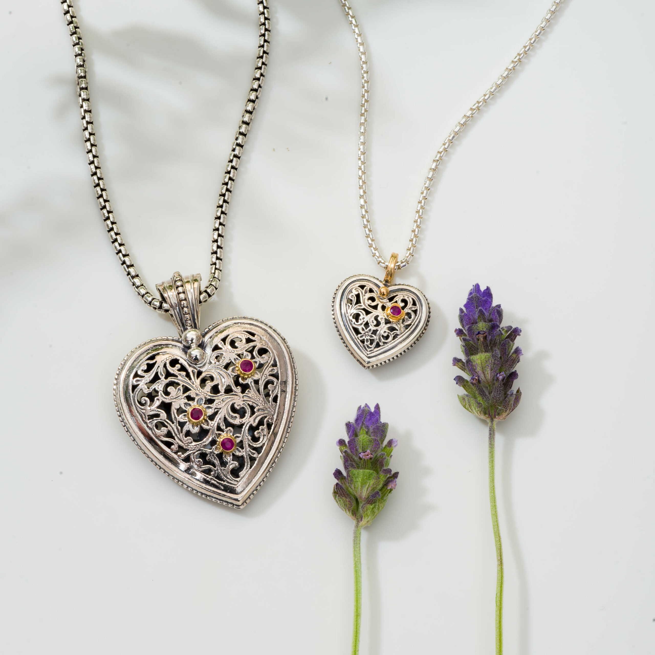 Hearts necklaces Mother and Daughter in 18K solid Yellow Gold, sterling silver and rubies