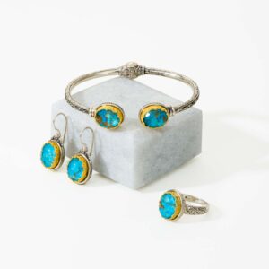 Turquoise copper Set Bracelet, earrings, Ring in Sterling silver with Gold plated parts