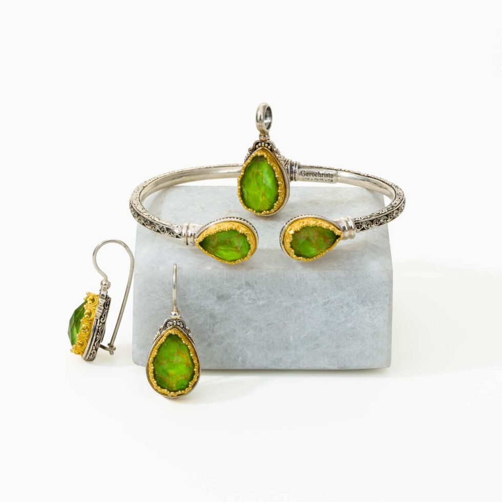Green turquoise copper Set Bracelet, pendant , earrings in Sterling silver with Gold plated parts