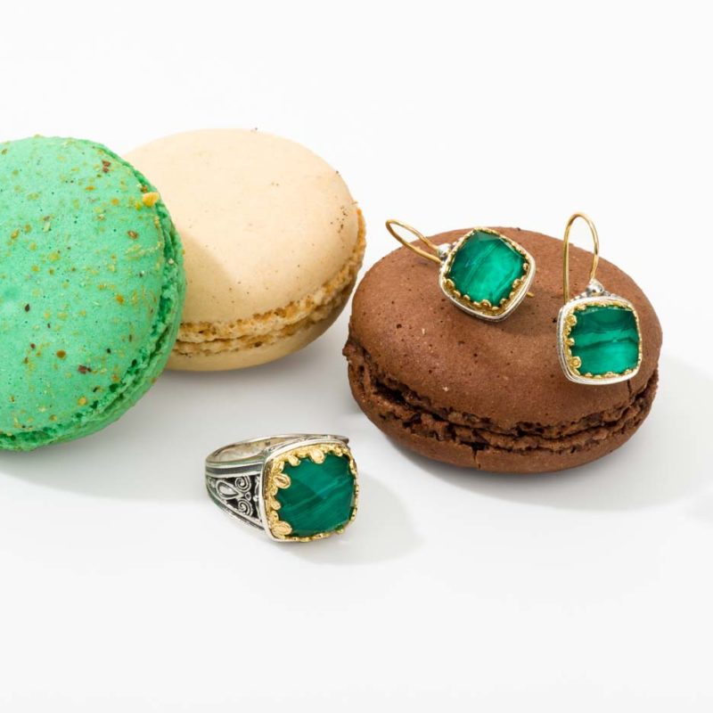 Earrings and Ring with Malachite doublet Stones in 18K Gold and Sterling Silver