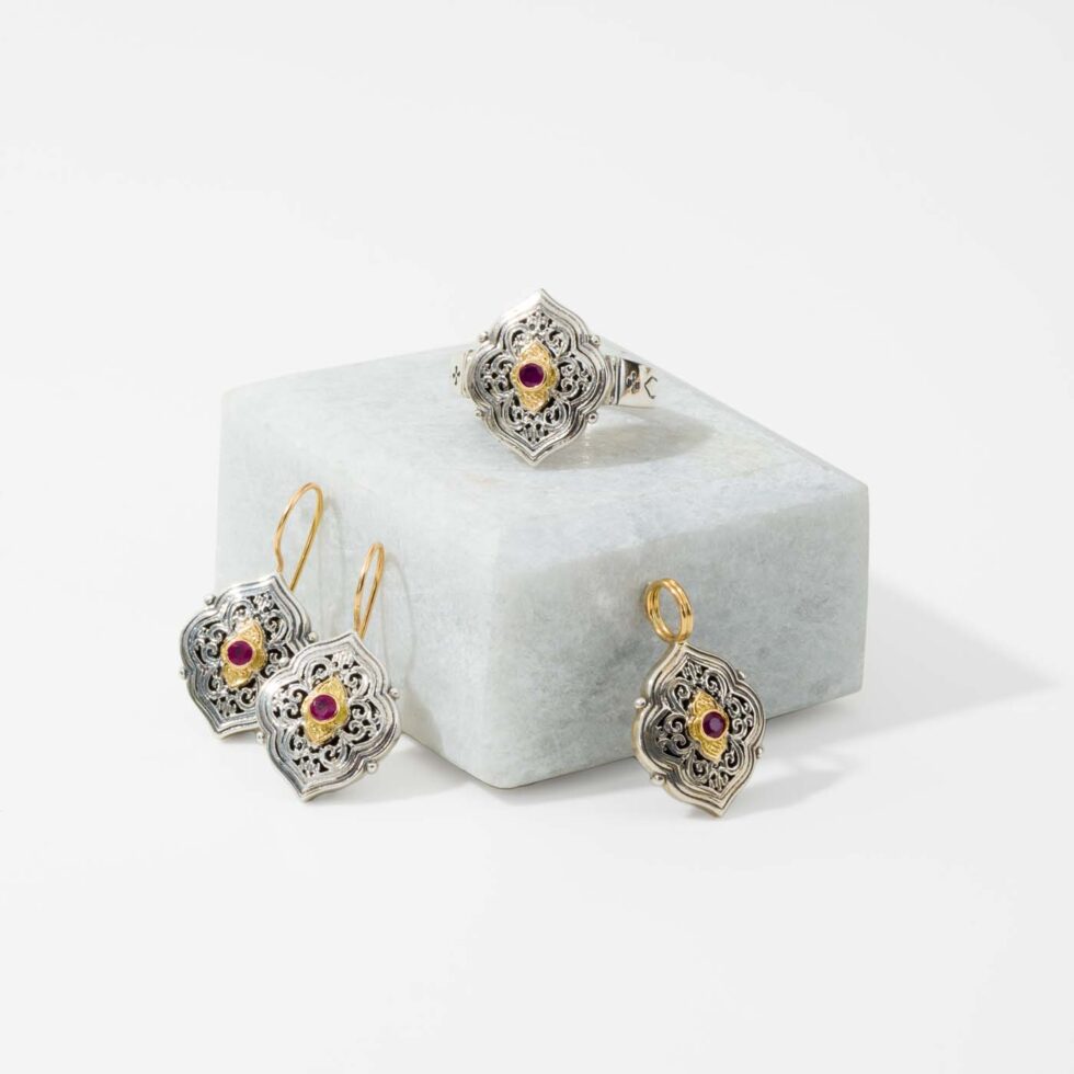 Set Earrings, Pendant, Ring in 18K solid Yellow Gold and Sterling silver with Rubies Gemstones