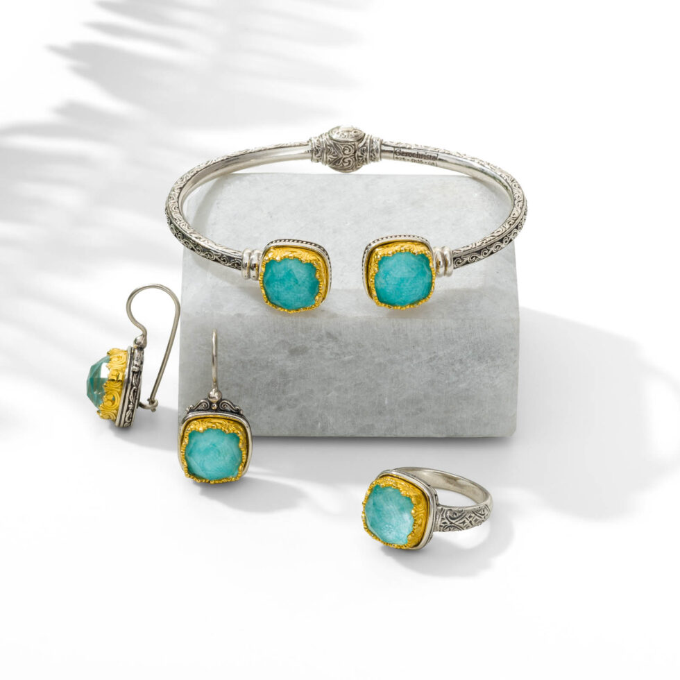 Amazonite Set Bracelet, Earrings, Ring in Sterling Silver with Gold Plated parts
