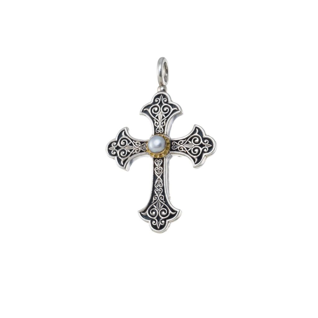 Aretousa Cross in sterling silver with 18K Gold with Pearl