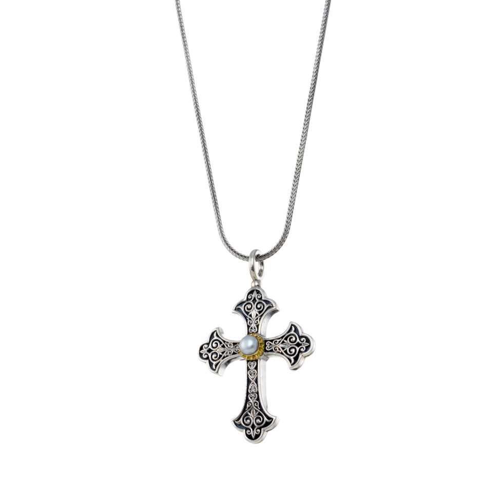Aretousa Cross in sterling silver with 18K Gold with Pearl