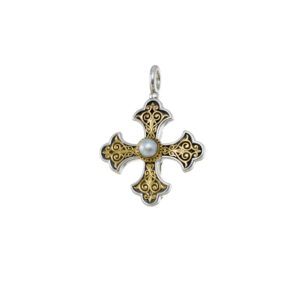 Aretousa Cross in 18K Gold and Sterling silver with Pearl