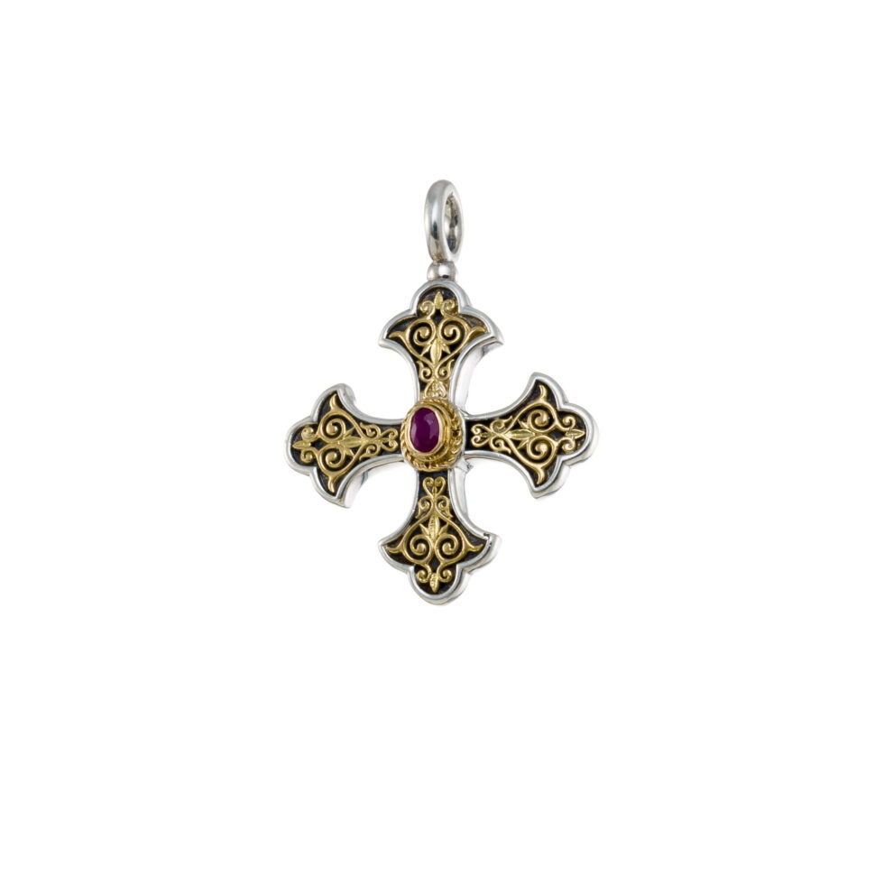 Aretousa Cross in 18K Gold and Sterling silver with Ruby