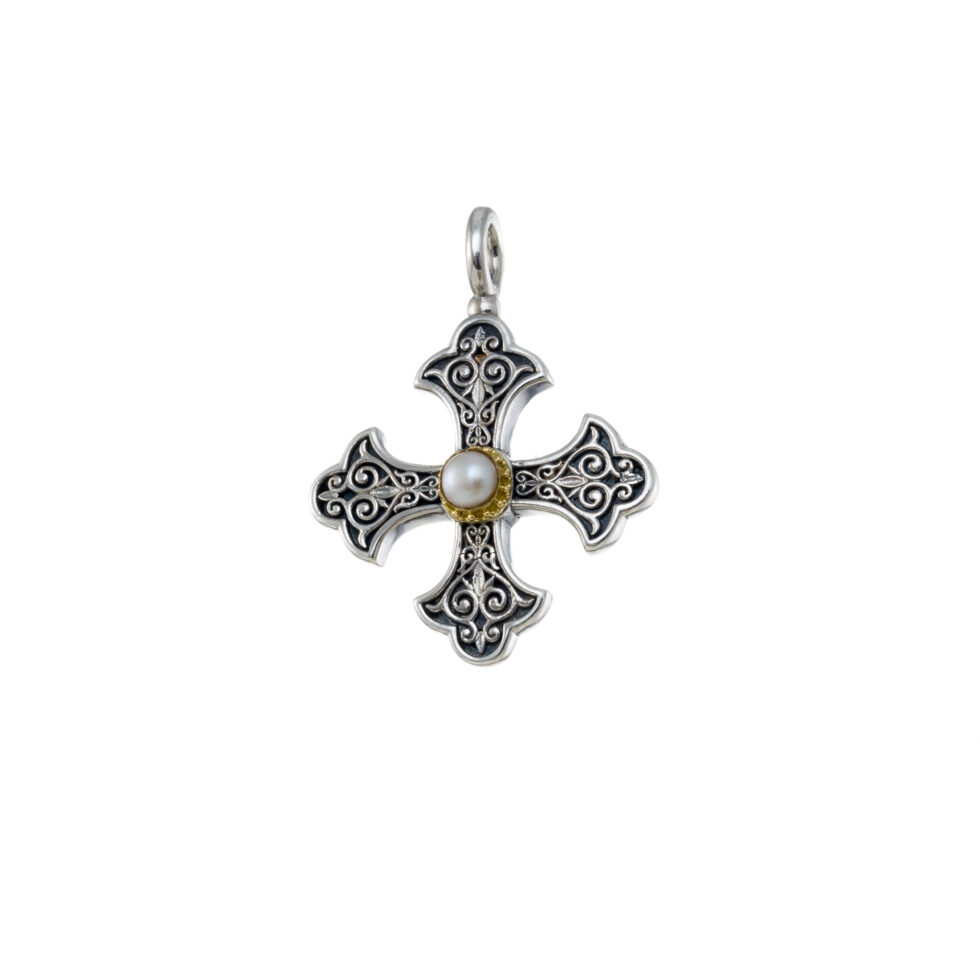 Aretousa Cross in sterling silver with 18K Gold and Pearl