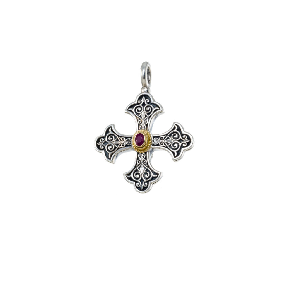 Aretousa Cross in sterling silver with 18K Gold with Gemstone