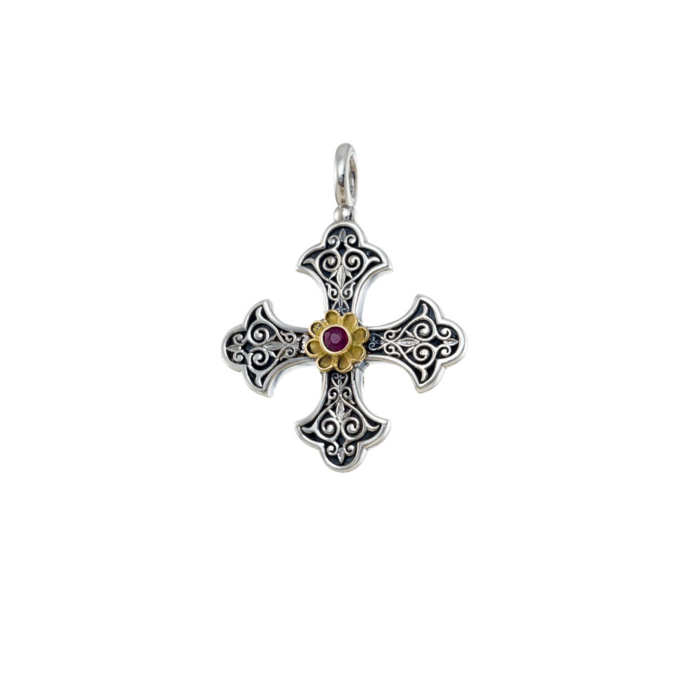 Aretousa Cross in sterling silver with 18K Gold and Ruby