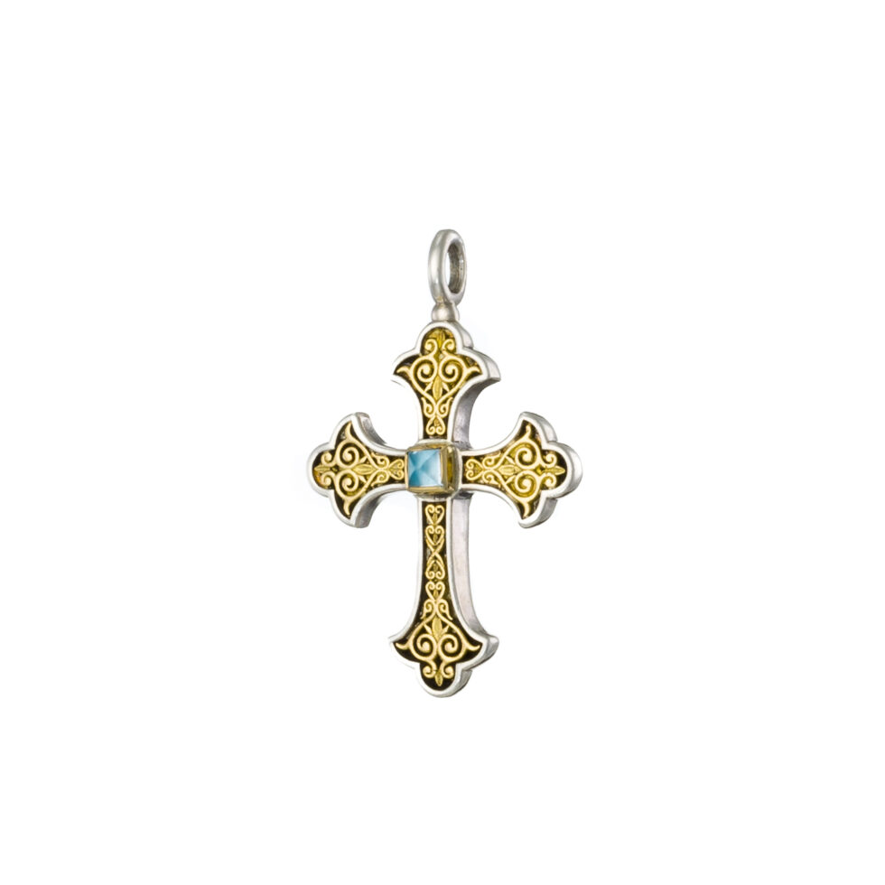 Aretousa Cross in 18K Gold and Sterling silver with aquamarine