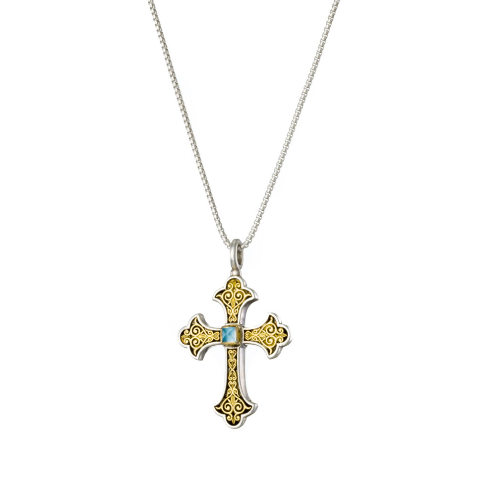Aretousa Cross in 18K Gold and Sterling silver with aquamarine
