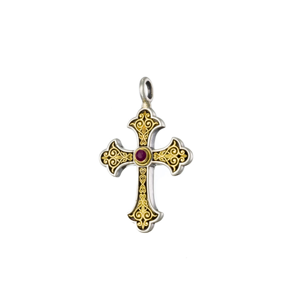 Aretousa Medium Cross in 18K Gold and Sterling silver with Ruby