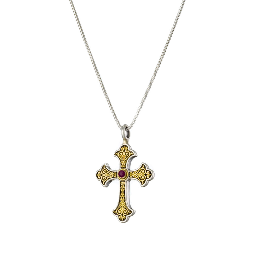 Aretousa Medium Cross in 18K Gold and Sterling silver with Ruby