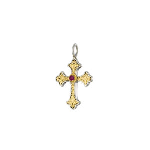 Aretousa small Cross in 18K Gold and Sterling silver with Ruby