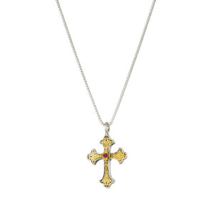 Aretousa small Cross in 18K Gold and Sterling silver with Ruby - Image 2