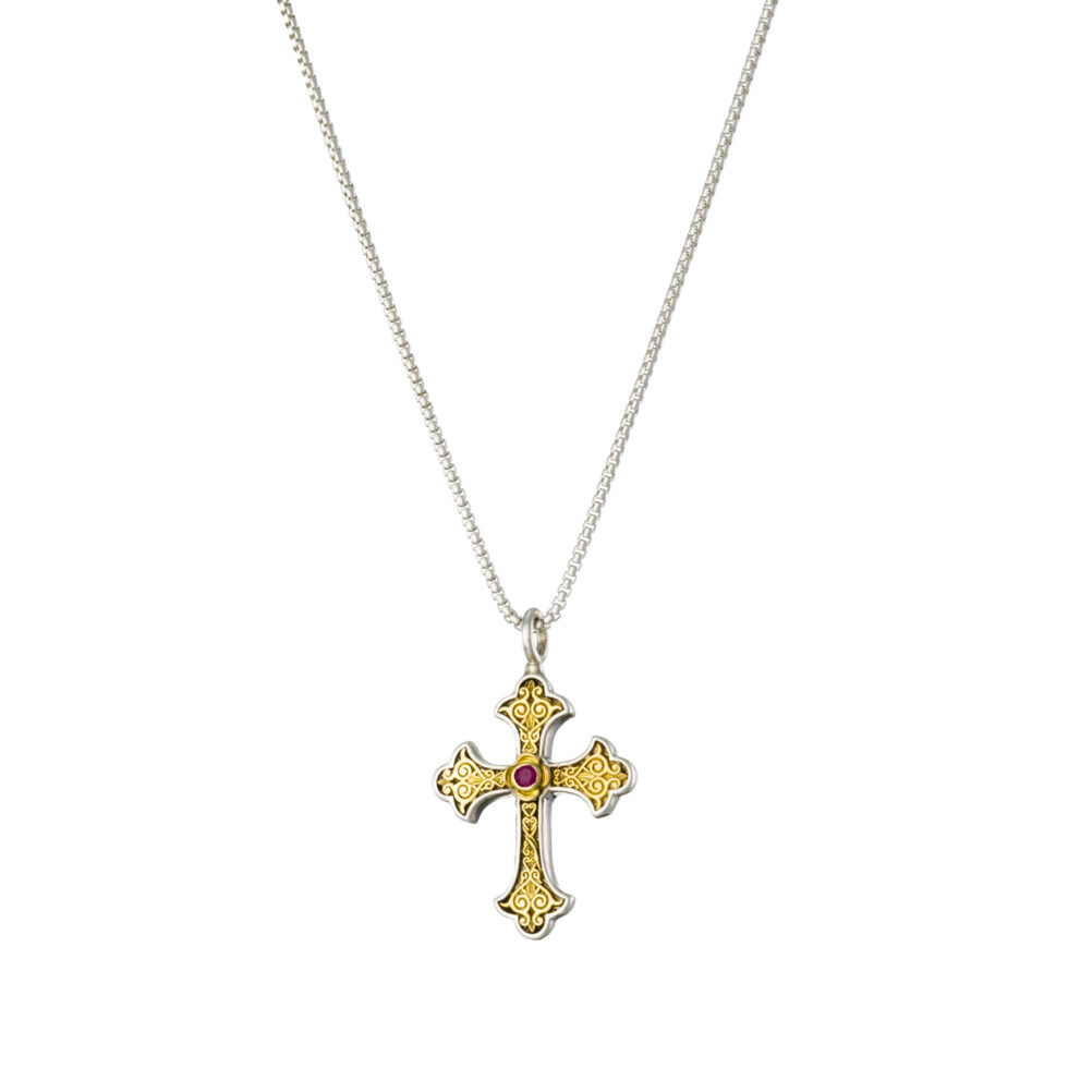 Aretousa small Cross in 18K Gold and Sterling silver with Ruby