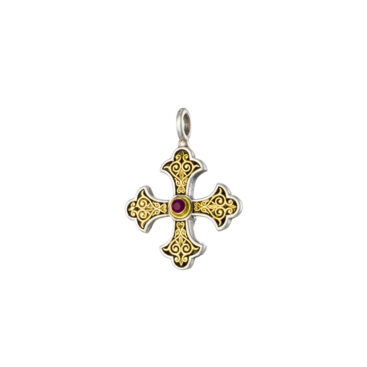 Aretousa Medium Cross in 18K Gold and Sterling silver with Ruby